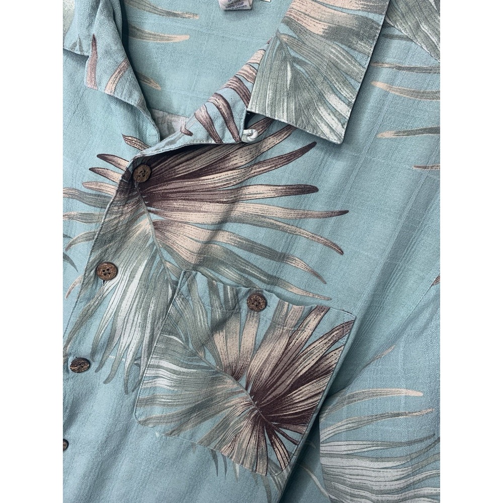 Mens L Teal Green Saddlebred‎ 100% Silk Hawaiian Floral Palm Leaf RESORTShirt
